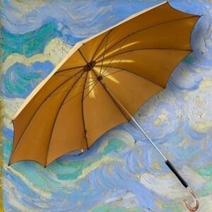 Vintage Tan Acrylic With Tinsel Glitter Hook Handle Mid Century Pagoda Umbrella